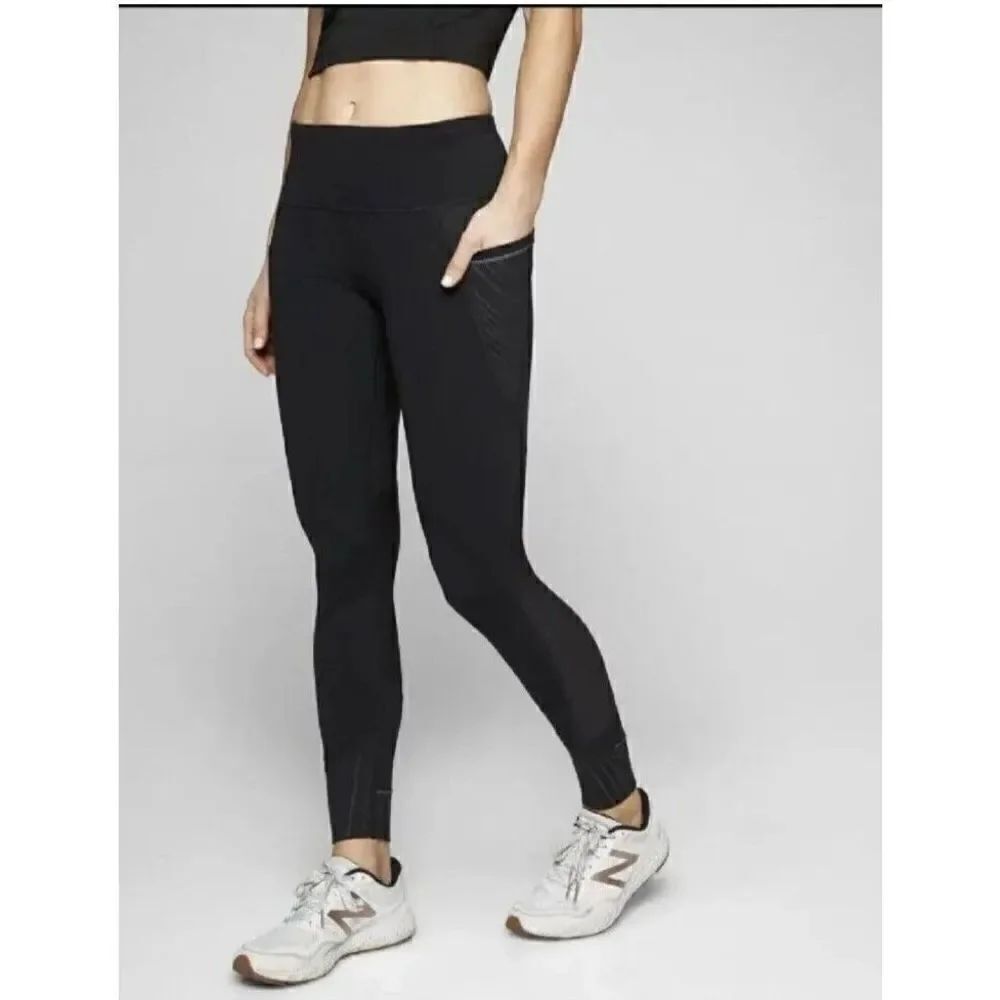 Athleta Shimmer Stripe Relay 2.0 Tights Black Pockets 870931 Womens Size Medium